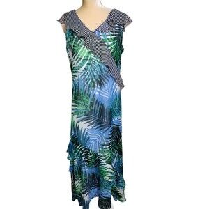 Calvin Klein Tropical Ruffled Maxi Dress Size 12 V-Neck Chiffon Full Zip Dress